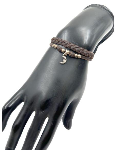 PULSERAS MUJER CUERO MARRON Y LUNA PLATEADA | EL JARDIN DEL DESEO
