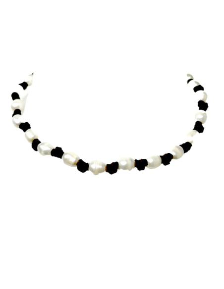 COLLARES MUJER DE CUERO MARRON Y PERLAS DE RIO | EL JARDIN DEL DESEO