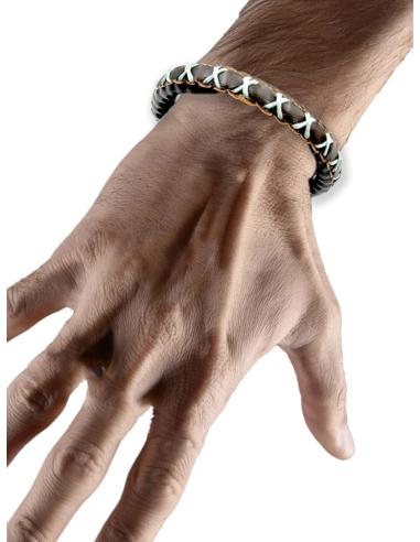 PULSERAS DE HOMBRE CUERO MARRON Y CRUZ AZUL CLARO | EL JARDIN DEL DESEO