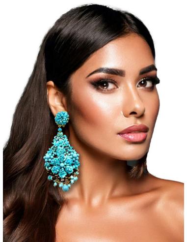 PENDIENTES MUJER LARGOS AZULES TURQUESAS PIEDRA | PENDIENTES FLAMENCA