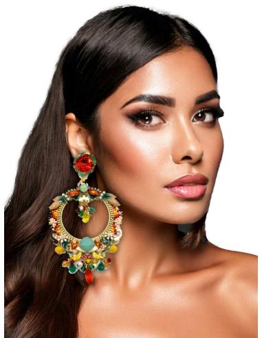 PENDIENTES AROS GRANDES DORADOS VERDES Y NARANJAS | PENDIENTES BODA