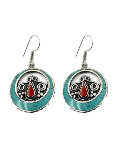 PENDIENTES DE PIEDRAS AZULES LARGOS JOYAS TIBET TURQUESAS Y ROJOS