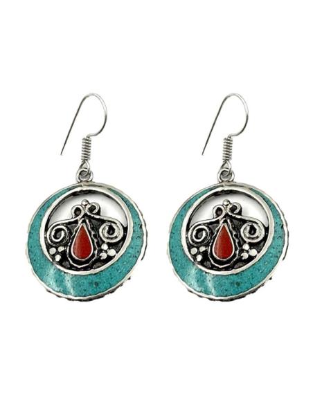 PENDIENTES DE PIEDRAS AZULES LARGOS JOYAS TIBET TURQUESAS Y ROJOS