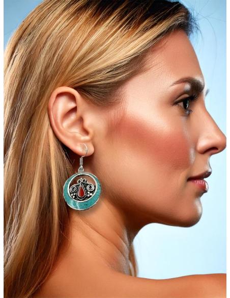 PENDIENTES DE PIEDRAS AZULES LARGOS JOYAS TIBET TURQUESAS Y ROJOS