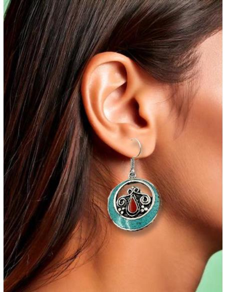 PENDIENTES DE PIEDRAS AZULES LARGOS JOYAS TIBET TURQUESAS Y ROJOS