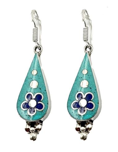 PENDIENTES AZULES TURQUESAS Y LAPISLAZULI CON FLOR ESTILO BOHEMIO