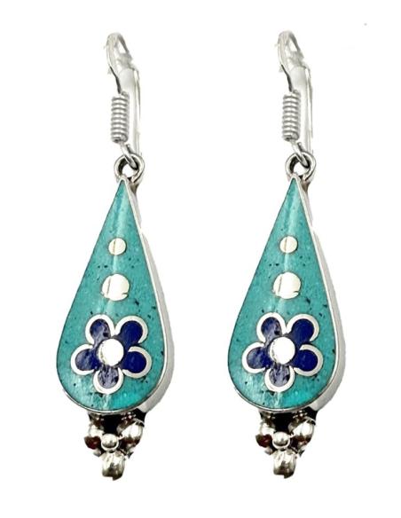 PENDIENTES AZULES TURQUESAS Y LAPISLAZULI CON FLOR ESTILO BOHEMIO