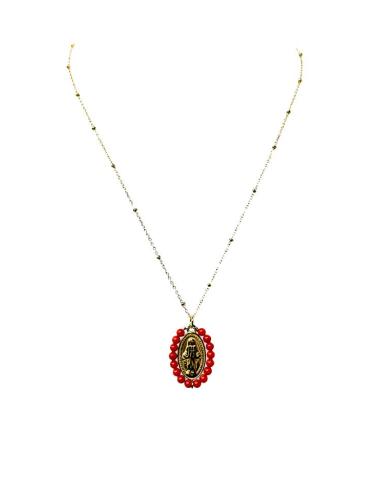COLLARES DORADOS Y ROJOS MEDALLA VIGEN MILAGROSA CON CUENTAS CORAL