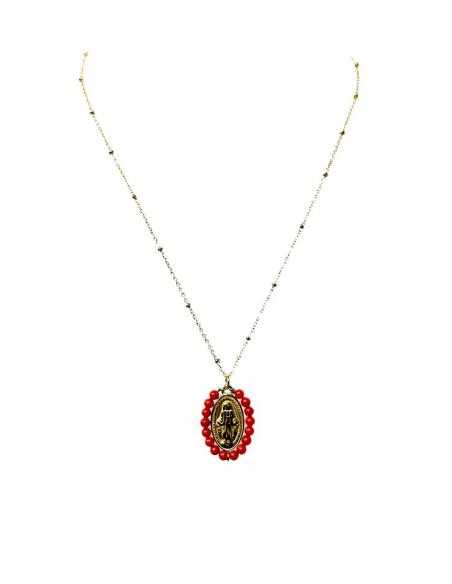 COLLARES DORADOS Y ROJOS MEDALLA VIGEN MILAGROSA CON CUENTAS CORAL