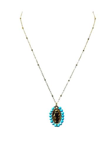 COLLARES DORADOS Y AZULES MEDALLA VIGEN MILAGROSA EN TURQUESA