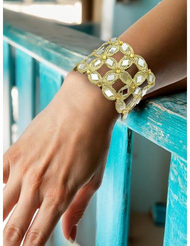 PULSERAS DORADAS ANCHAS CON DESTELLOS DE CRISTAL EXOTISMO ORIENTAL