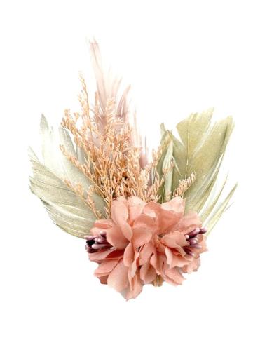 BROCHES ROSAS DE BODA CON PLUMAS Y FLORES SECAS