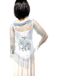 CHALES AZULES CLARO MANTONES CON FLECOS Y FLORES | CHALES FLAMENCAS