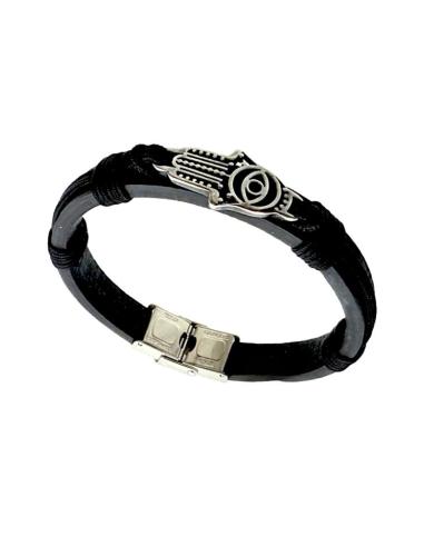 PULSERAS HOMBRE DE CUERO CON MANO DE FATIMA EN ACERO