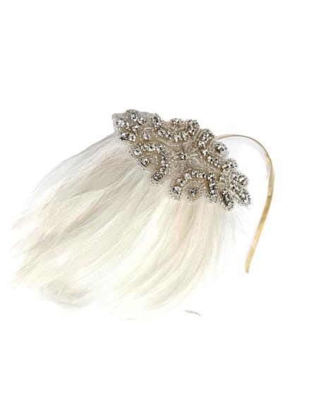 DIADEMAS BLANCAS CON PLUMAS Y PEDRERIA TOCADO BODA