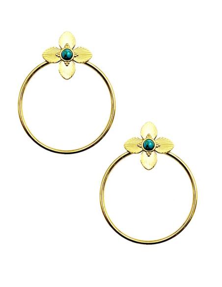 PENDIENTES DORADOS ARO FLOR Y PIEDRA TURQUESA | EL JARDIN DEL DESEO