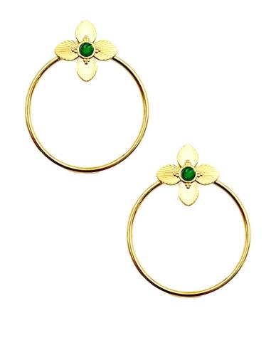 PENDIENTES DORADOS ARO FLOR Y PIEDRA VERDE | EL JARDIN DEL DESEO