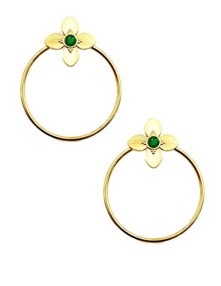 PENDIENTES DORADOS ARO FLOR Y PIEDRA VERDE | EL JARDIN DEL DESEO