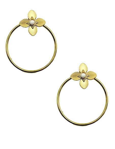 PENDIENTES DORADOS ARO FLOR Y PIEDRA BLANCA | EL JARDIN DEL DESEO