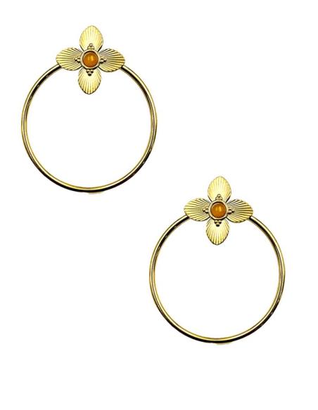 PENDIENTES DORADOS ARO FLOR Y PIEDRA MOSTAZA | EL JARDIN DEL DESEO