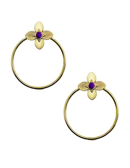 PENDIENTES DORADOS ARO FLOR Y PIEDRA MORADA | EL JARDIN DEL DESEO
