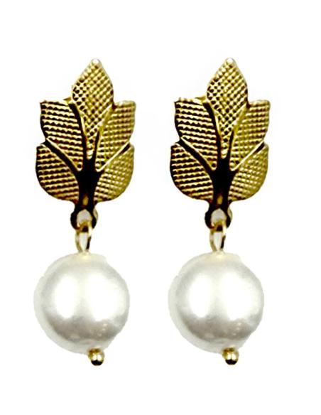 PENDIENTES DE PERLAS DISEÑO CORTO CON HOJITAS | EL JARDIN DEL DESEO