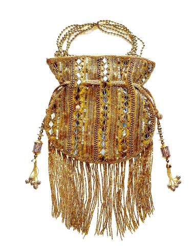 BOLSOS DE FIESTA TIPO BOMBONERA DORADO CON FLECOS