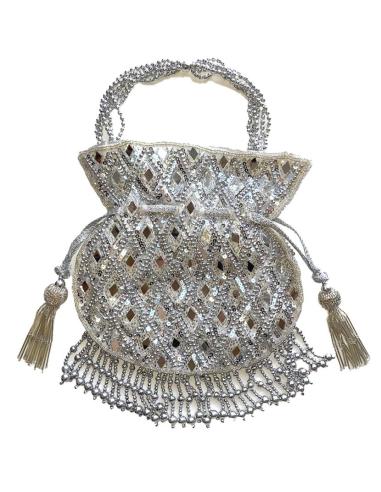 BOLSO DE FIESTA TIPO BOMBONERA COLOR PLATA CON PEDRERIA