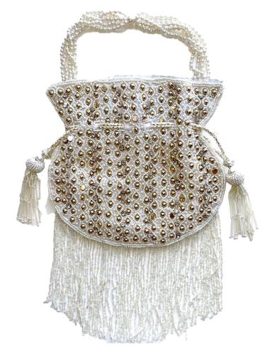 BOLSOS DE FIESTA BOMBONERA BLANCO CON ABALORIOS PLATA