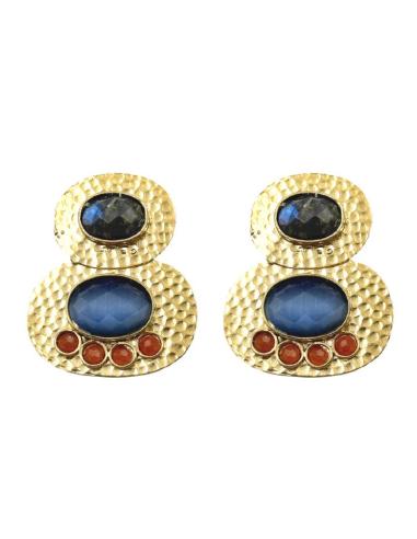 PENDIENTES DORADOS DE PIEDRAS AZULES Y NARANJAS | ACCESORIOS INVITADA