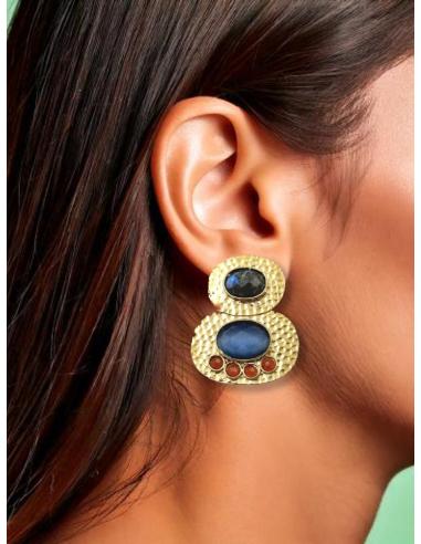 PENDIENTES DORADOS DE PIEDRAS AZULES Y NARANJAS | ACCESORIOS INVITADA