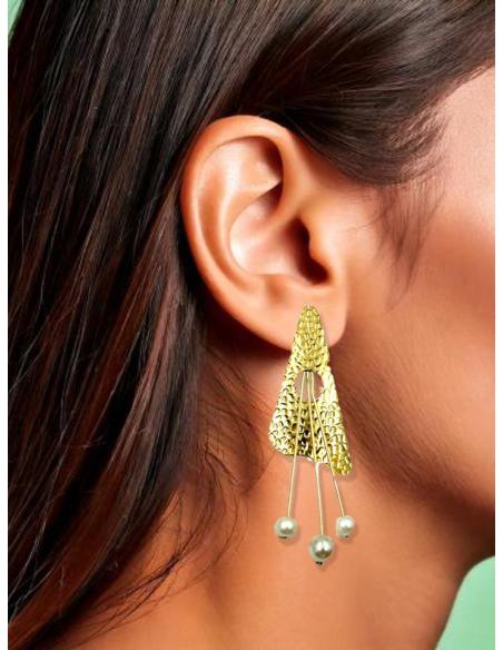 PENDIENTES DE PERLAS DORADOS LARGOS DISEÑO ACTUAL | JOYAS BODA