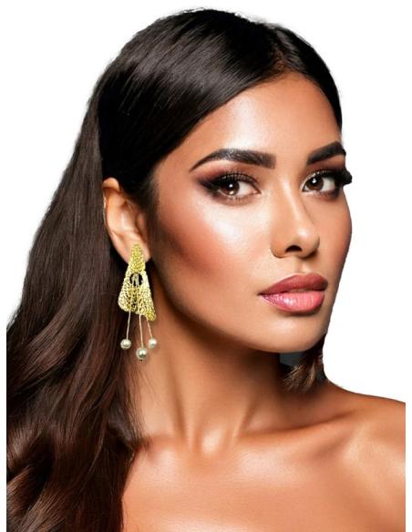 PENDIENTES DE PERLAS DORADOS LARGOS DISEÑO ACTUAL | JOYAS BODA