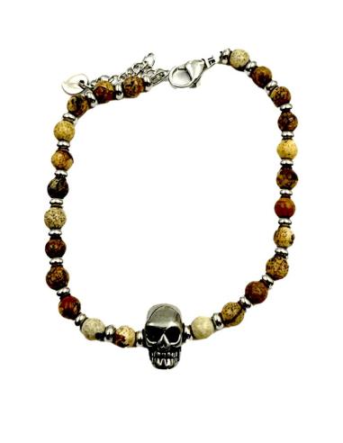 PULSERAS PIEDRA TONOS TIERRA CON CALAVERA DE ACERO