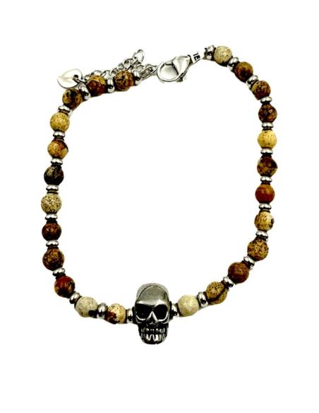 PULSERAS PIEDRA TONOS TIERRA CON CALAVERA DE ACERO