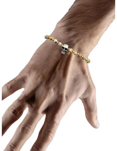 PULSERAS PIEDRA TONOS TIERRA CON CALAVERA DE ACERO