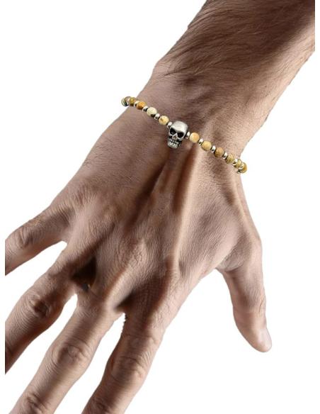 PULSERAS PIEDRA TONOS TIERRA CON CALAVERA DE ACERO
