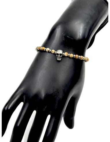 PULSERAS PIEDRA TONOS TIERRA CON CALAVERA DE ACERO