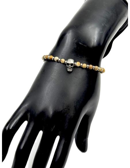 PULSERAS PIEDRA TONOS TIERRA CON CALAVERA DE ACERO