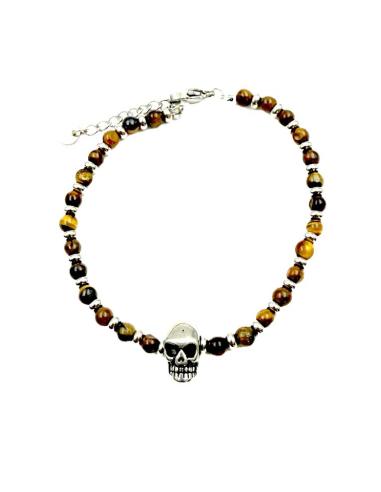 PULSERAS MARRONES DE PIEDRA CON CALAVERA DE ACERO
