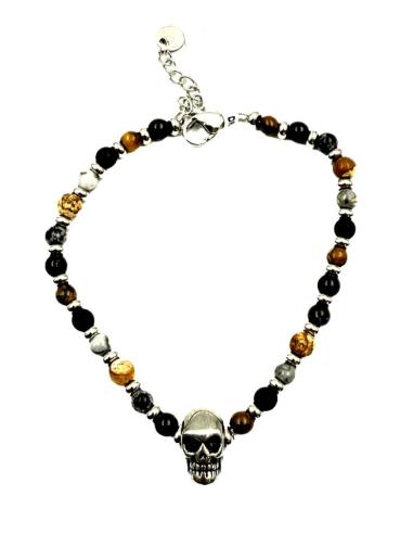 PULSERAS NEGRAS DE PIEDRA CON CALAVERA DE ACERO