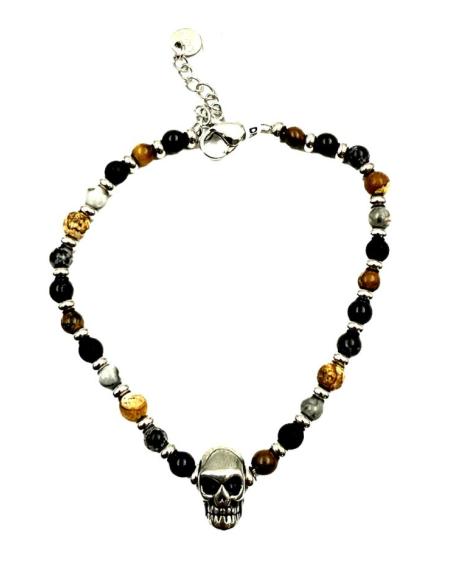 PULSERAS NEGRAS DE PIEDRA CON CALAVERA DE ACERO