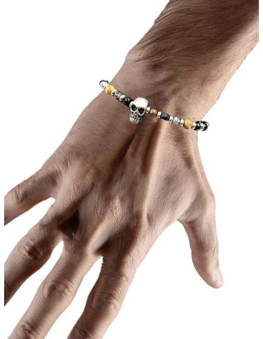 PULSERAS NEGRAS DE PIEDRA CON CALAVERA DE ACERO