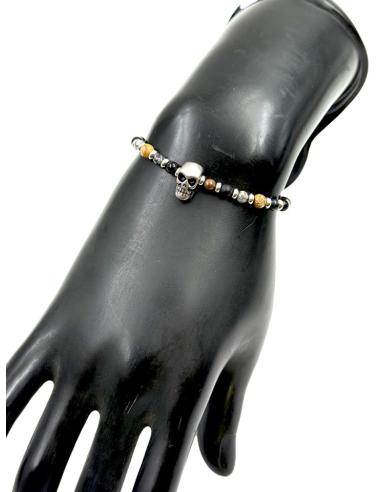 PULSERAS NEGRAS DE PIEDRA CON CALAVERA DE ACERO