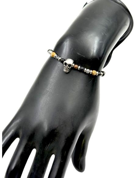 PULSERAS NEGRAS DE PIEDRA CON CALAVERA DE ACERO