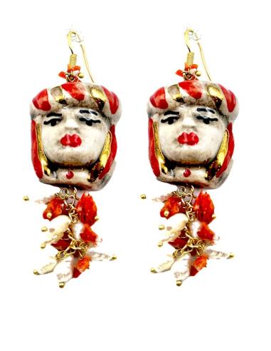 PENDIENTES MUJER TESTA DI MORO PERLAS Y ROJO CORAL | CERAMICA SICILIA