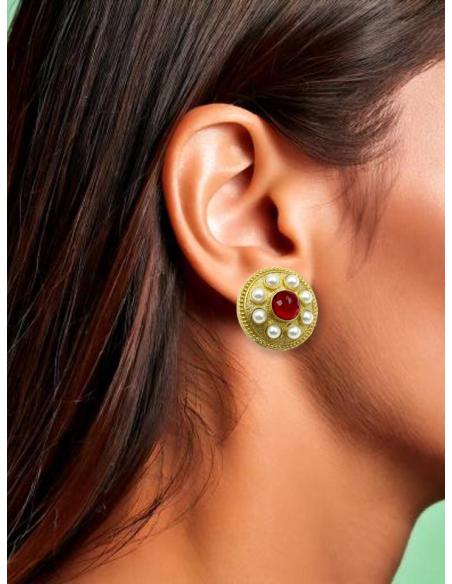 PENDIENTES CORTOS ROJOS CON PERLAS ESTILO VINTAGE | ACCESORIOS BODA