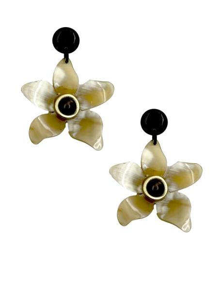 PENDIENTES BEIGE Y NEGROS LARGOS DE FLORES GRANDES | JOYAS CUERNO BUFALO