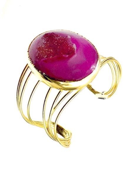 PULSERAS MUJER DORADAS BRAZALETE ANCHO PIEDRA ROSA | JOYAS INVITADA MADRINA