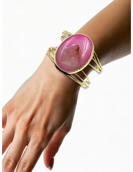 PULSERAS MUJER DORADAS BRAZALETE ANCHO PIEDRA ROSA | JOYAS INVITADA MADRINA
